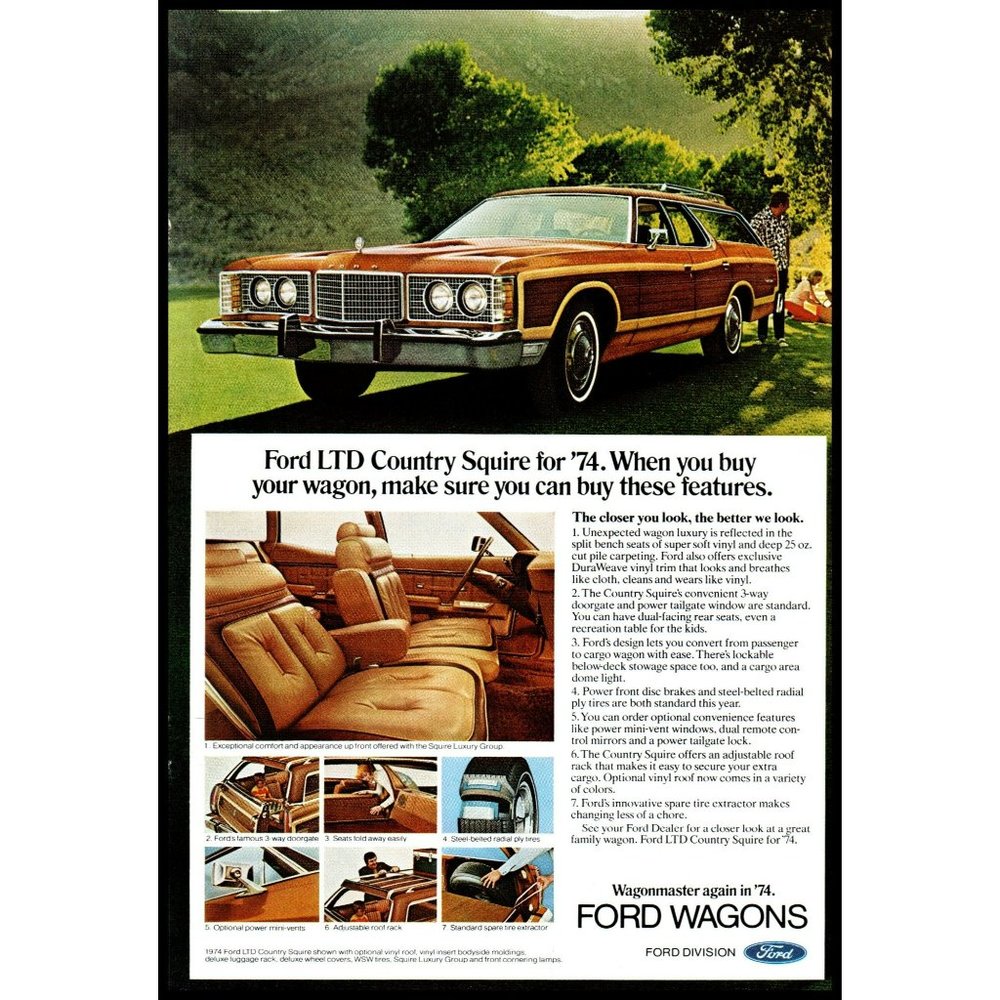 1974 Ford LTD Country Squire Station Wagon Vintage Print Ad Wood Grain Wall Art